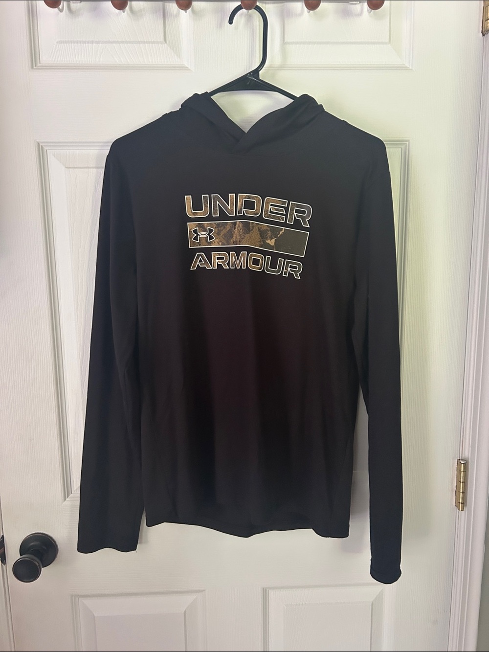 Under Armour Black Lightweight Long Sleeve Hoodie with Camo Logo Panel